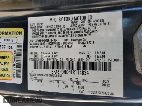 2020 Ford Fusion SE z VIN 3FA6P0HD4LR114834, wystawiony jako Copart lot #60224845 z przebiegiem 84 110 mil mil oraz Szkoda całkowita • Salvage title. Historia ofert i sprzedaży dostępna na DreamBid. Obrazek 12.