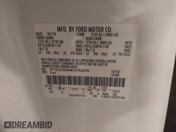 2014 Ford F-150 XL с VIN 1FTEX1EM4EKF52079, выставлен на аукционе IAAI как лот 41644634 с пробегом 152 047 миль миль и . История ставок и продаж доступна на DreamBid. Изображение 9.