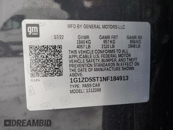 2022 Chevrolet Malibu LT with VIN 1G1ZD5ST1NF184913, listed as a Copart auction lot 44739975 with 66,308 mi miles and Salvage Title. Bid and sale history available at DreamBid. Image 12.
