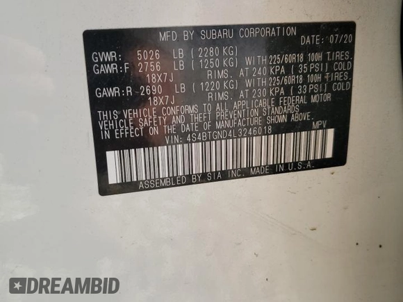 2020 Subaru Outback Limited XT with VIN 4S4BTGND4L3246018, listed as a Copart auction lot 55365175 with 57,484 mi miles and Clean title. Bid and sale history available at DreamBid. Image 13.