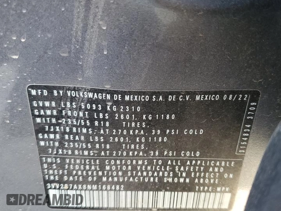 2022 Volkswagen Tiguan SE z VIN 3VV2B7AX8NM168482, wystawiony jako Copart lot #52752595 z przebiegiem 65 045 mil mil oraz Szkoda całkowita • Salvage title. Historia ofert i sprzedaży dostępna na DreamBid. Obrazek 12.