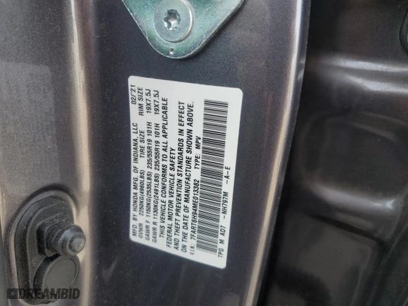 2021 Honda CR-V Hybrid Touring with VIN 7FART6H94ME013382, listed as a Copart auction lot 48223745 with 26,120 mi miles and Salvage Title. Bid and sale history available at carsss.com. Image 13.