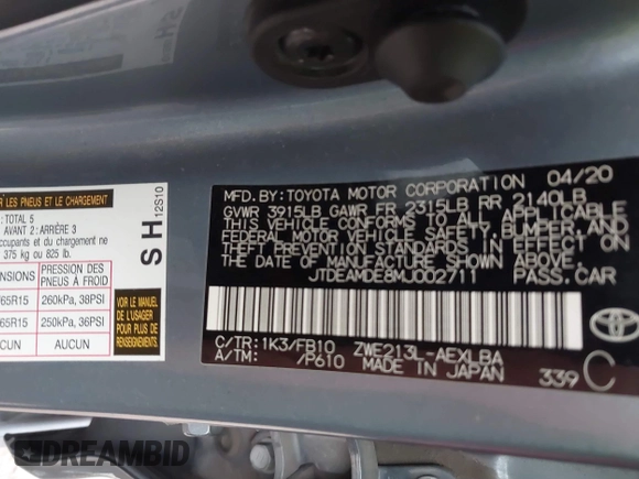 2021 Toyota Corolla Hybrid LE with VIN JTDEAMDE8MJ002711, listed as a IAAI auction lot 41498716 with 98,559 mi miles. Bid and sale history available at carsss.com. Image 9.