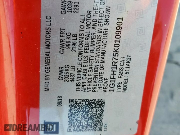 2019 Chevrolet Camaro 2SS z VIN 1G1FH1R75K0109901, wystawiony jako Copart lot #58935625 z przebiegiem Nie podano mil oraz Szkoda całkowita • Salvage title. Historia ofert i sprzedaży dostępna na DreamBid. Obrazek 12.