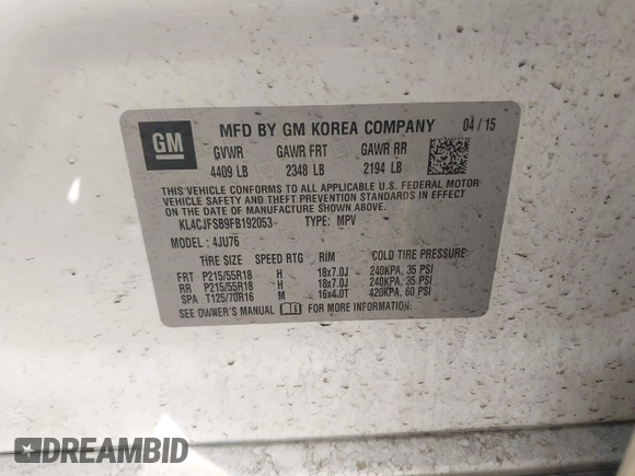 2015 Buick Encore Convenience with VIN KL4CJFSB9FB192053, listed as a IAAI auction lot 42181792 with 135,247 mi miles. Bid and sale history available at carsss.com. Image 9.