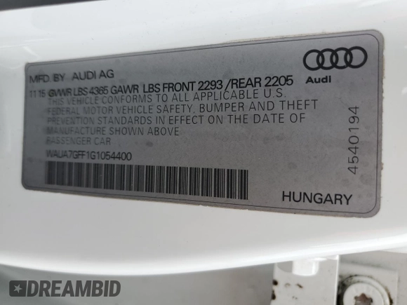 2016 Audi A3 1.8T Premium with VIN WAUA7GFF1G1054400, listed as a Copart auction lot 45084323 with 103,428 mi miles. Bid and sale history available at carsss.com. Image 13.