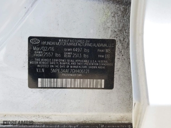 2016 Hyundai Sonata 2.4L Sport with VIN 5NPE34AF7GH406121, listed as a IAAI auction lot 41652078 with 90,445 mi miles. Bid and sale history available at carsss.com. Image 9.