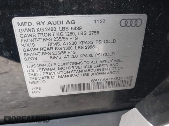 2023 Audi Q5 S line Premium with VIN WA1GAAFYXP2068698, listed as a IAAI auction lot 42225206 with 17,691 mi miles and . Bid and sale history available at DreamBid. Image 9.