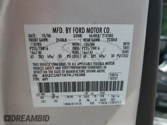 2007 Mercury Mariner Premier с VIN 4M2CU97197KJ16388, выставлен на аукционе Copart как лот 65154015 с пробегом 115 720 миль миль и Чистый • Clean title. История ставок и продаж доступна на DreamBid. Изображение 13.