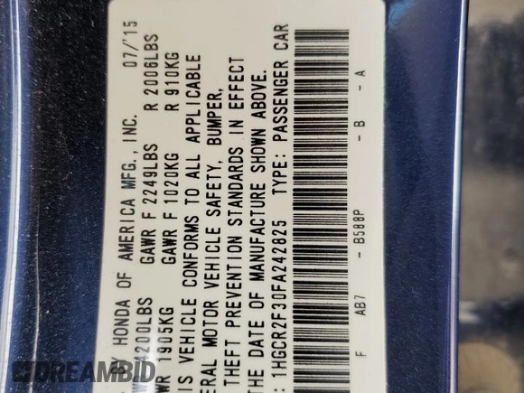 2015 Honda Accord LX with VIN 1HGCR2F30FA242825, listed as a Copart auction lot 52772275 with 122,777 mi miles and Salvage Title. Bid and sale history available at DreamBid. Image 12.