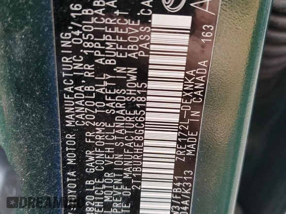 2016 Toyota Corolla L with VIN 2T1BURHE8GC651815, listed as a Copart auction lot 64556965 with 114,190 mi miles and Salvage title. Bid and sale history available at DreamBid. Image 12.