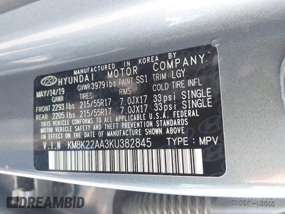 2019 Hyundai Kona SEL with VIN KM8K22AA3KU382845, listed as a IAAI auction lot 41990193 with 61,952 mi miles. Bid and sale history available at carsss.com. Image 9.