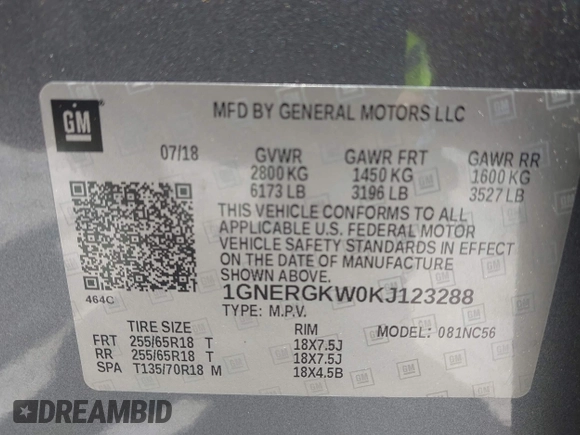 2019 Chevrolet Traverse LT Cloth with VIN 1GNERGKW0KJ123288, listed as a IAAI auction lot 42345412 with 78,696 mi miles and . Bid and sale history available at DreamBid. Image 9.