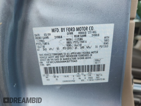 2009 Ford Escape Hybrid with VIN 1FMCU59309KB77043, listed as a Copart auction lot 63925395 with 201,171 mi miles and Clean title. Bid and sale history available at DreamBid. Image 13.
