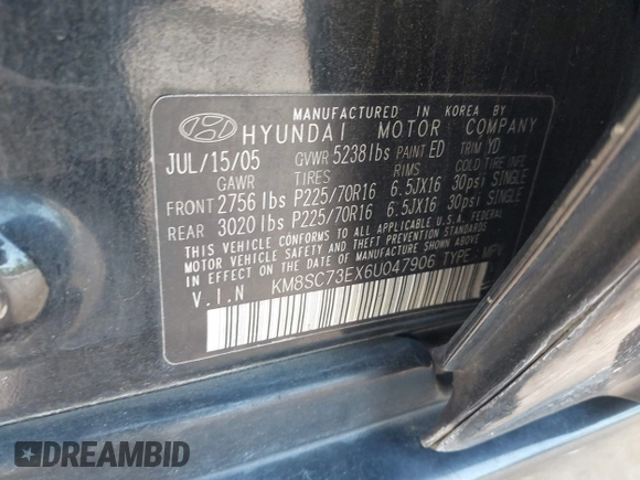 2006 Hyundai Santa Fe GLS with VIN KM8SC73EX6U047906, listed as a IAAI auction lot 42013780 with 200,828 mi miles. Bid and sale history available at carsss.com. Image 9.