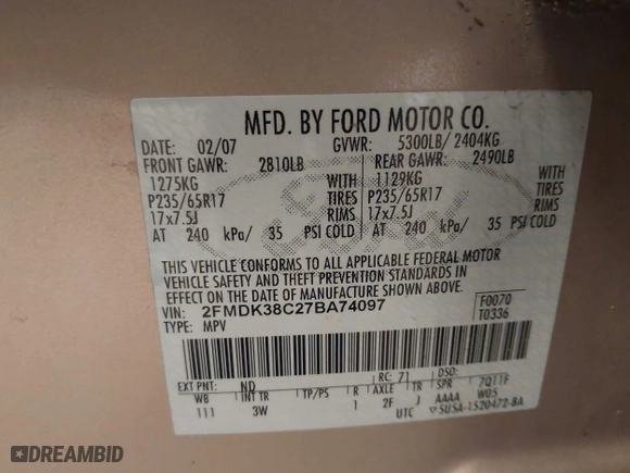 2007 Ford Edge SEL with VIN 2FMDK38C27BA74097, listed as a IAAI auction lot 41731553 with 320,782 mi miles. Bid and sale history available at carsss.com. Image 9.