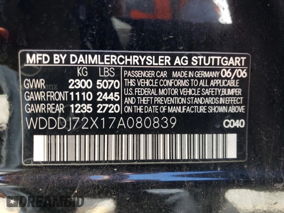 2007 Mercedes-Benz CLS-Class 5.5L with VIN WDDDJ72X17A080839, listed as a Copart auction lot 44574264 with 126,234 mi miles and Salvage Title. Bid and sale history available at carsss.com. Image 12.