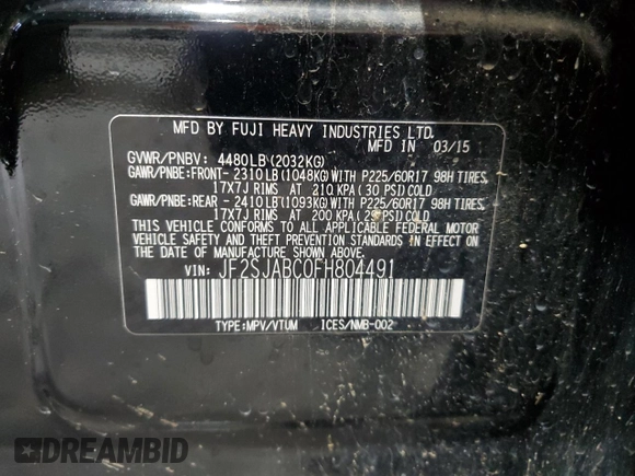 2015 Subaru Forester 2.5i with VIN JF2SJABC0FH804491, listed as a Copart auction lot 61085005 with 139,622 mi miles and Salvage title. Bid and sale history available at DreamBid. Image 13.