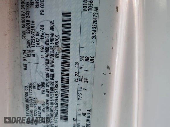 2004 Ford Econoline Cargo z VIN 1FTNE24L84HA51888, wystawiony jako Copart lot #86813724 z przebiegiem Nie podano mil oraz Szkoda całkowita • Salvage title. Historia ofert i sprzedaży dostępna na DreamBid. Obrazek 13.