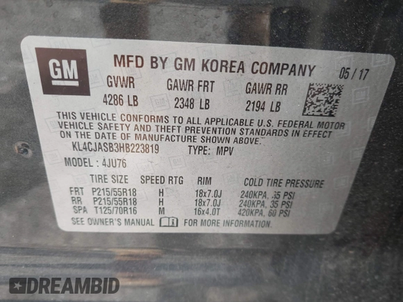 2017 Buick Encore Preferred с VIN KL4CJASB3HB223819, выставлен на аукционе IAAI как лот 42383028 с пробегом 53 885 миль миль и . История ставок и продаж доступна на DreamBid. Изображение 9.