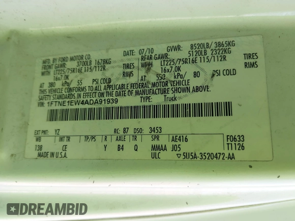 2010 Ford Econoline Cargo Commercial with VIN 1FTNE1EW4ADA91939, listed as a IAAI auction lot 42156334 with 311,000 mi miles and . Bid and sale history available at DreamBid. Image 9.