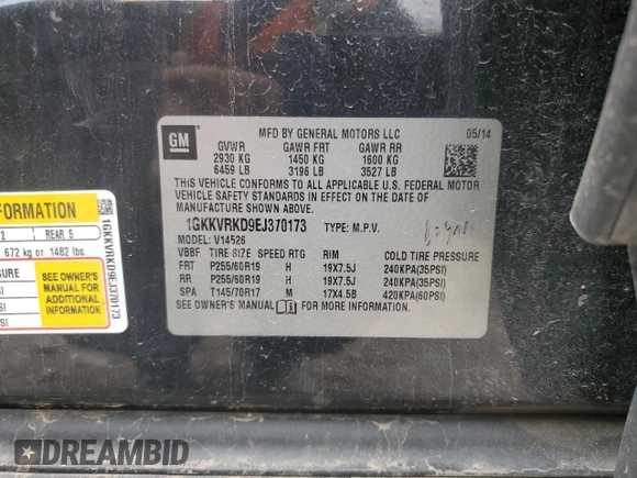 2014 GMC Acadia SLT with VIN 1GKKVRKD9EJ370173, listed as a Copart auction lot 50146945 with Not Provided miles and Salvage Title. Bid and sale history available at DreamBid. Image 14.