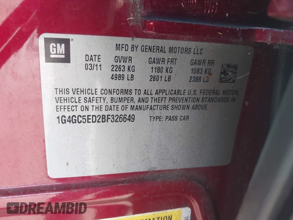 2011 Buick LaCrosse CXL with VIN 1G4GC5ED2BF326649, listed as a IAAI auction lot 42818351 with 156,492 mi miles and . Bid and sale history available at DreamBid. Image 9.