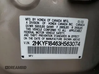 2003 Honda Pilot EX with VIN 2HKYF18463H563074, listed as a Copart auction lot 54780665 with 256,496 mi miles and Salvage Title. Bid and sale history available at DreamBid. Image 13.