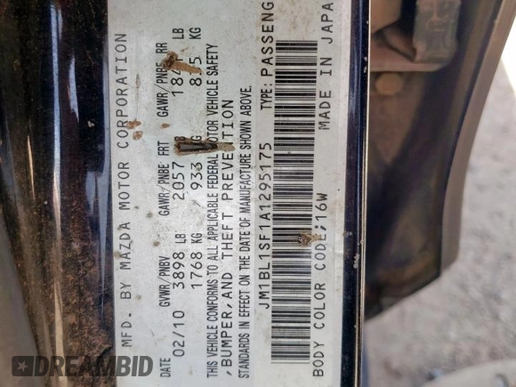2010 Mazda 3 i Touring with VIN JM1BL1SF1A1295175, listed as a Copart auction lot 56892875 with 168,171 mi miles and Salvage Title. Bid and sale history available at DreamBid. Image 12.