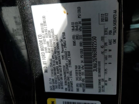 2014 Lincoln MKZ with VIN 3LN6L2G96ER822550, listed as a Copart auction lot 56717455 with 155,548 mi miles and Salvage title. Bid and sale history available at DreamBid. Image 12.