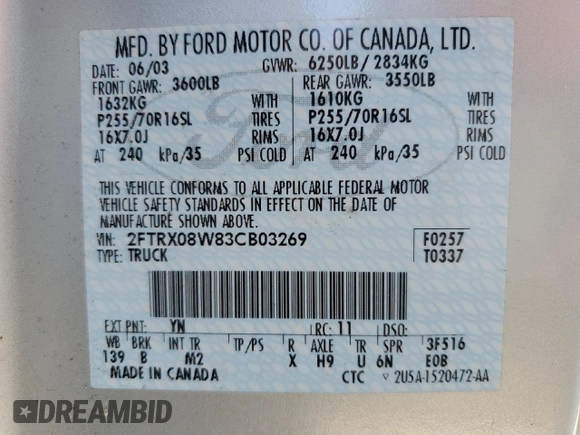 2003 Ford F-150 z VIN 2FTRX08W83CB03269, wystawiony jako Copart lot #63915625 z przebiegiem 150 127 mil mil oraz Czysty tytuł • Clean title. Historia ofert i sprzedaży dostępna na DreamBid. Obrazek 13.