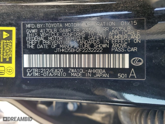 2015 Lexus CT 200h Hybrid with VIN JTHKD5BH2F2232222, listed as a Copart auction lot 44270205 with 181209 miles and Salvage Title. Bid and sale history available at carsss.com. Image 13.