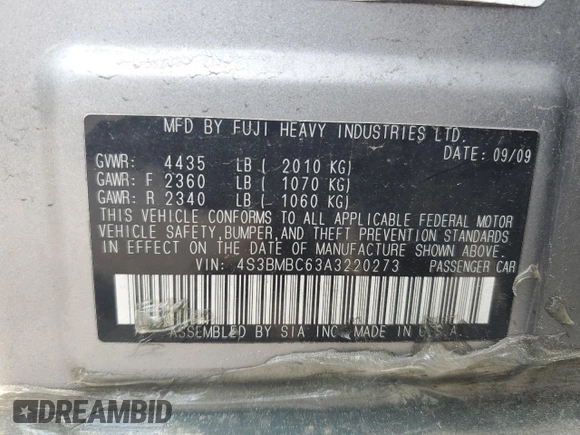 2010 Subaru Legacy Premium All-Weather Anniversary with VIN 4S3BMBC63A3220273, listed as a Copart auction lot 59629765 with 142,902 mi miles and Clean title. Bid and sale history available at DreamBid. Image 12.