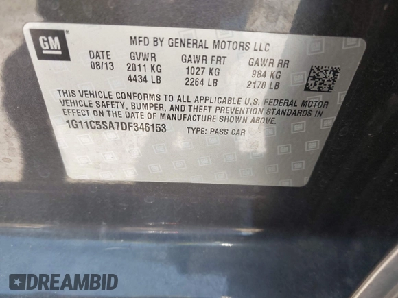 2013 Chevrolet Malibu LT with VIN 1G11C5SA7DF346153, listed as a IAAI auction lot 41995408 with 119,317 mi miles and . Bid and sale history available at DreamBid. Image 9.