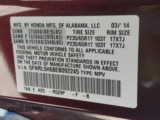 2014 Honda Odyssey EX-L with VIN 5FNRL5H68EB092245, listed as a IAAI auction lot 42135356 with 92,202 mi miles and . Bid and sale history available at carsss.com. Image 9.