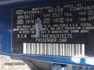 2017 Hyundai Accent SE with VIN KMHCT4AE9HU316275, listed as a IAAI auction lot 41942912 with 77,918 mi miles. Bid and sale history available at carsss.com. Image 9.