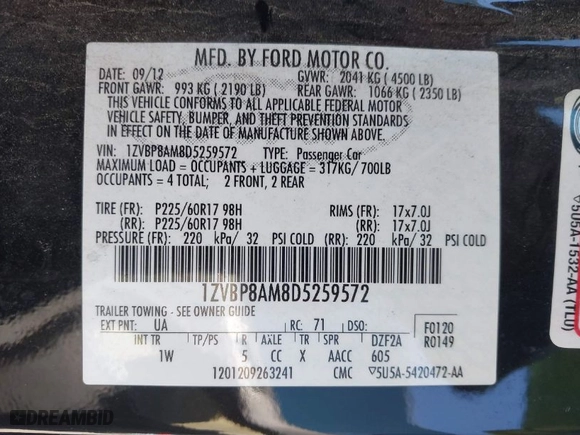 2013 Ford Mustang V6 with VIN 1ZVBP8AM8D5259572, listed as a IAAI auction lot 41655526 with 42,753 mi miles. Bid and sale history available at carsss.com. Image 9.