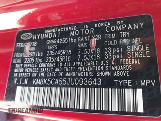 2018 Hyundai Kona Ultimate with VIN KM8K5CA55JU093643, listed as a IAAI auction lot 41833149 with 151,804 mi miles. Bid and sale history available at carsss.com. Image 9.