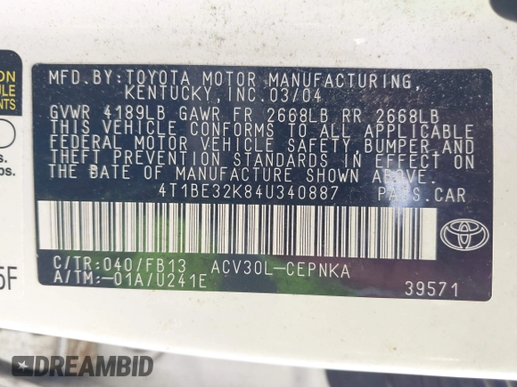 2004 Toyota Camry LE with VIN 4T1BE32K84U340887, listed as a IAAI auction lot 42143000 with Not Provided miles and . Bid and sale history available at DreamBid. Image 9.