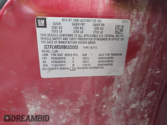 2011 GMC Terrain SLT-2 z VIN 2CTFLWE5XB6323303, wystawiony jako Copart lot #49852935 z przebiegiem 159 116 mil mil oraz Szkoda całkowita • Salvage title. Historia ofert i sprzedaży dostępna na DreamBid. Obrazek 13.