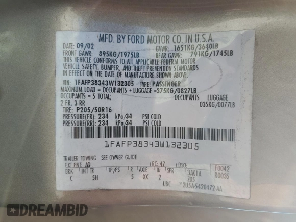 2003 Ford Focus ZTS with VIN 1FAFP38343W132305, listed as a Copart auction lot 74949334 with Not Provided miles and Salvage Title. Bid and sale history available at carsss.com. Image 14.