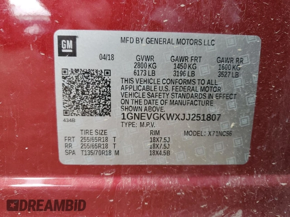 2018 Chevrolet Traverse LT Cloth with VIN 1GNEVGKWXJJ251807, listed as a Copart auction lot 71305543 with 79,902 mi miles and Salvage Title. Bid and sale history available at carsss.com. Image 13.