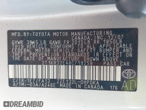 2008 Toyota Matrix STD with VIN 2T1KR32E48C719259, listed as a IAAI auction lot 42018448 with 157,727 mi miles and . Bid and sale history available at DreamBid. Image 9.