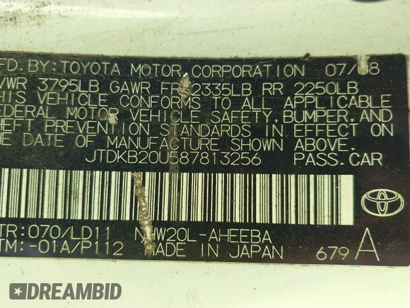 2008 Toyota Prius with VIN JTDKB20U587813256, listed as a IAAI auction lot 42087969 with 126,085 mi miles. Bid and sale history available at carsss.com. Image 9.