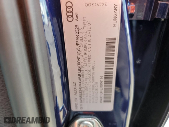 2018 Audi S3 Premium Plus with VIN WAUB1GFF8J1016174, listed as a Copart auction lot 58831683 with 63,122 mi miles. Bid and sale history available at carsss.com. Image 12.