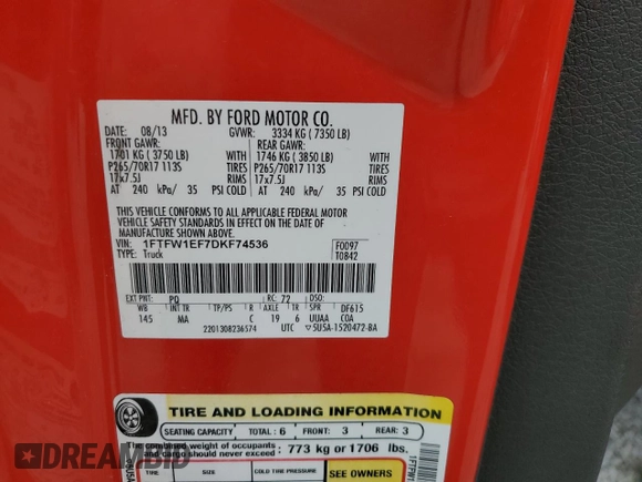 2013 Ford F-150 XL с VIN 1FTFW1EF7DKF74536, выставлен на аукционе Copart как лот 56535455 с пробегом 203 240 миль миль и Списание • Salvage title. История ставок и продаж доступна на DreamBid. Изображение 12.