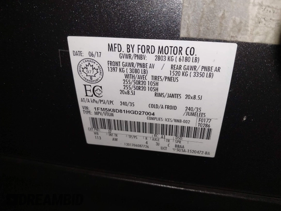 2017 Ford Explorer XLT z VIN 1FM5K8D81HGD27004, wystawiony jako IAAI lot #41760831 z przebiegiem 107 187 mil mil oraz . Historia ofert i sprzedaży dostępna na DreamBid. Obrazek 9.