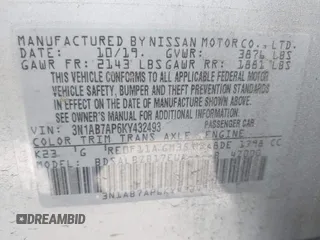 2019 Nissan Sentra S with VIN 3N1AB7AP6KY432493, listed as a IAAI auction lot 41892026 with 72,100 mi miles. Bid and sale history available at carsss.com. Image 9.