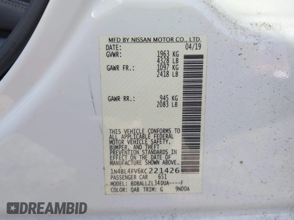 2019 Nissan Altima Platinum with VIN 1N4BL4FV6KC221426, listed as a IAAI auction lot 41900455 with 194,516 mi miles and . Bid and sale history available at DreamBid. Image 9.