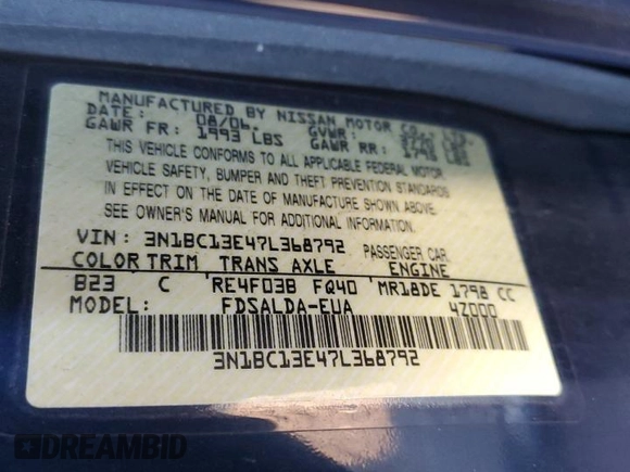 2007 Nissan Versa 1.8 S with VIN 3N1BC13E47L368792, listed as a Copart auction lot 43704395 with 37,572 mi miles and Salvage Title. Bid and sale history available at carsss.com. Image 13.
